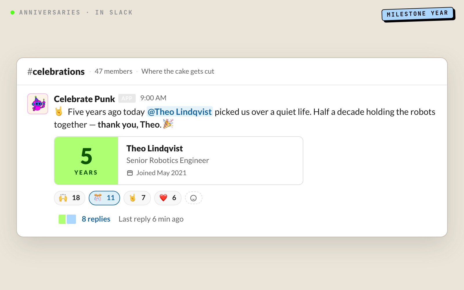 Slack channel preview: the Celebrate Punk bot posts Theo Lindqvist’s three-year work anniversary in #celebrations with a milestone badge.