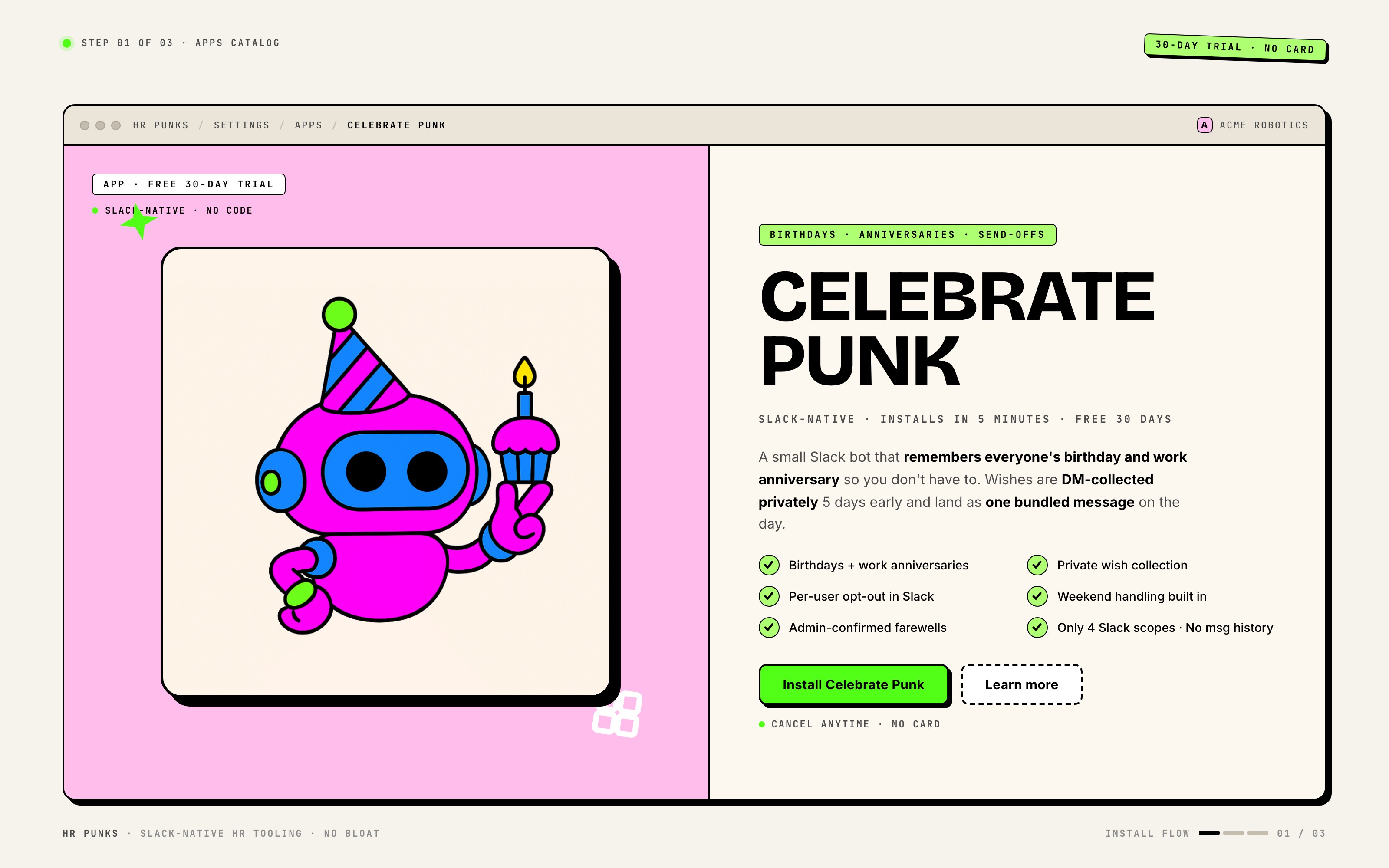 HR Punks Apps catalog with the Celebrate Punk tile selected and its Install button highlighted in lime green.