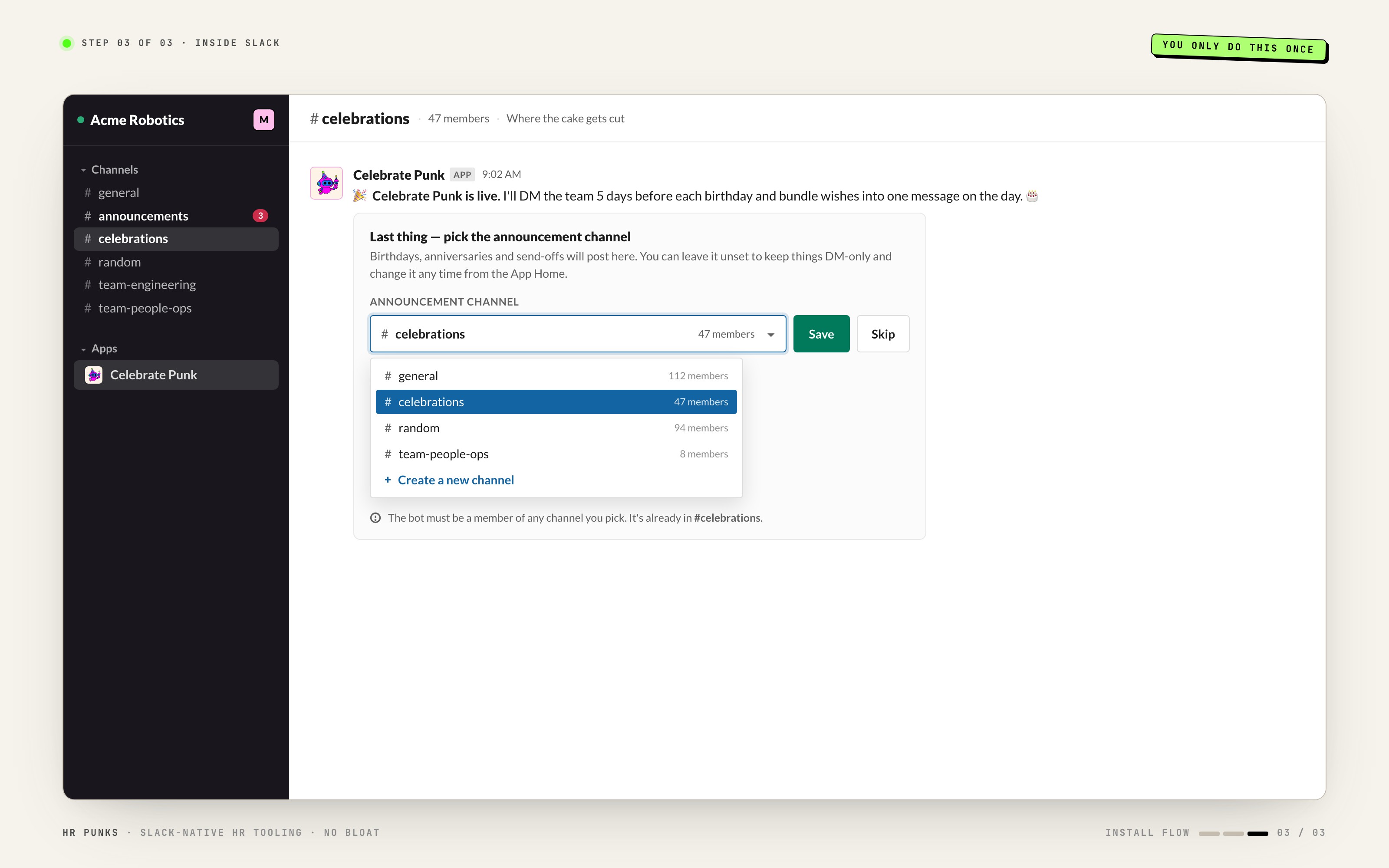 Celebrate Punk first run inside Slack with the welcome banner and the announcement channel picker set to #celebrations.
